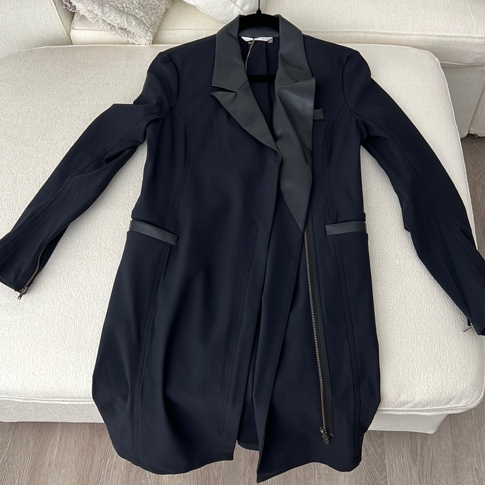 Vegan leather collar tech stretch coat